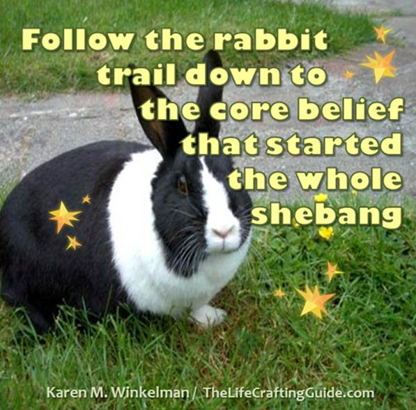 Black & White rabbit with text: Follow the rabbit trail down to the core belief 