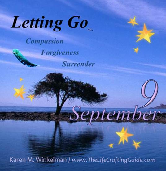 tree, ocean & feather with words "letting go" and "September 9"