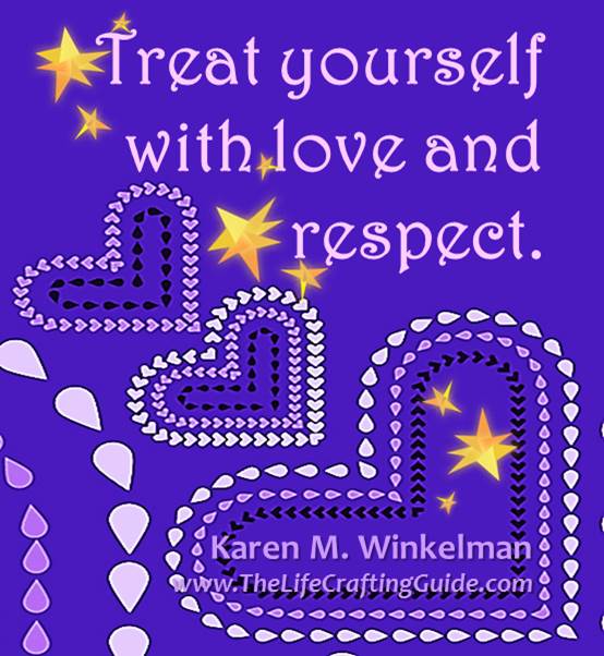 3 hearts on purple with the words 'treat yourself with love & respect'