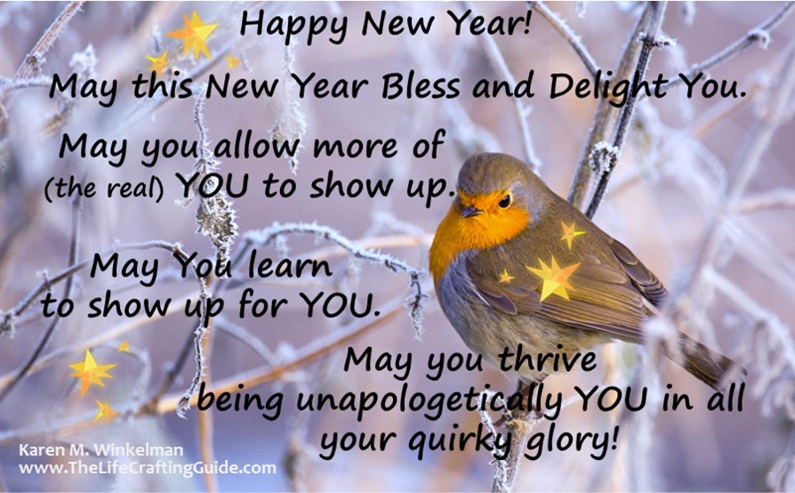 Picture of a bird on a snow covered branch, background blurred. Words wishing a happy new year and blessings.