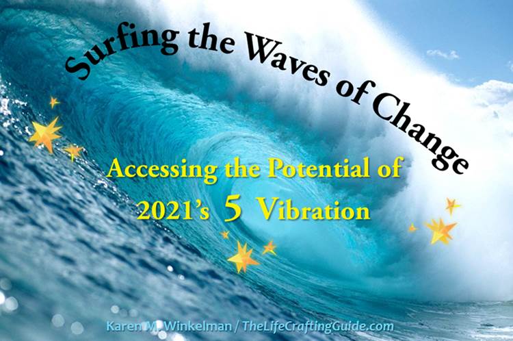 Picture of a wave with the words Surfing The Waves of Change, accessing the potential of 2015's 5 vibration